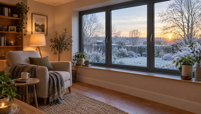 Warm living room with a large grey triple glazed window overlooking a frosty garden
