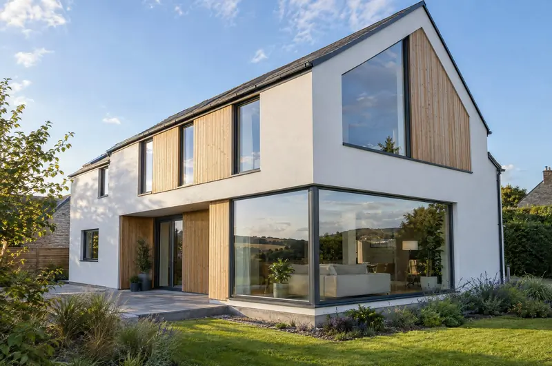 Slim anthracite aluminium windows on a contemporary rendered and clad house