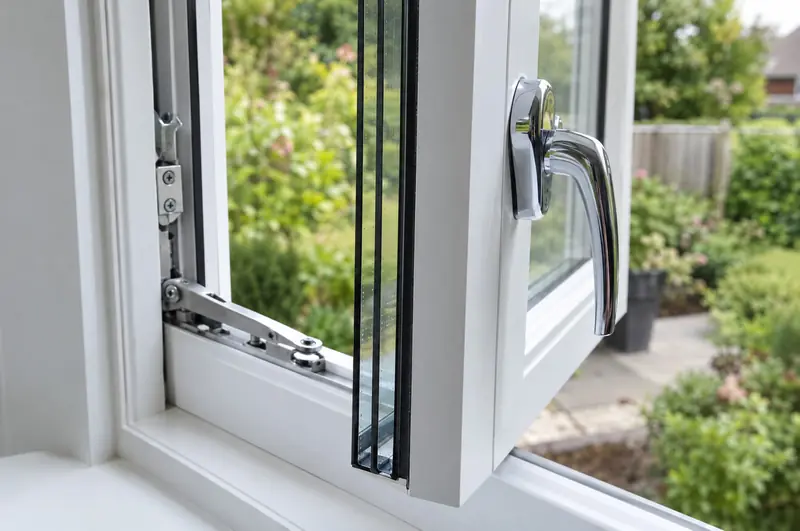 Open white casement window showing the edge of the sealed glass unit and spacer bars