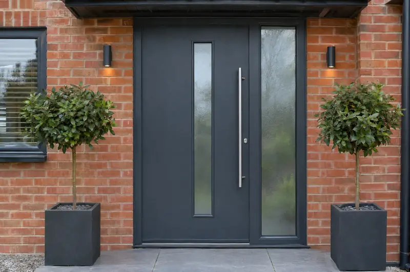 Anthracite grey composite front door with a frosted glazed panel and side light