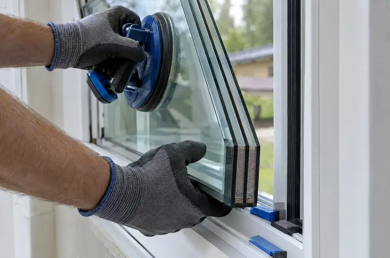Gloved hands lifting a triple glazed sealed unit into an existing white window frame