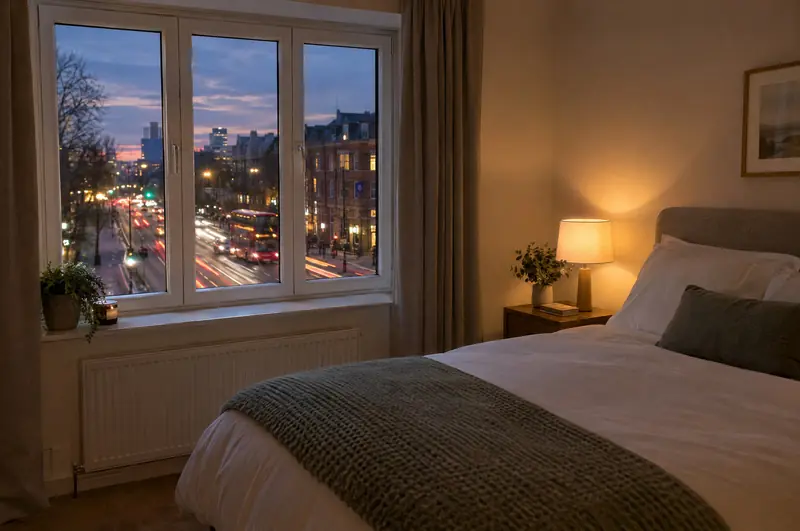 Quiet bedroom at dusk with a closed white window overlooking a busy main road