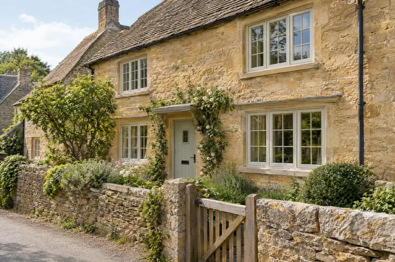 Cotswold stone cottage with cream heritage-style casement windows in a conservation village